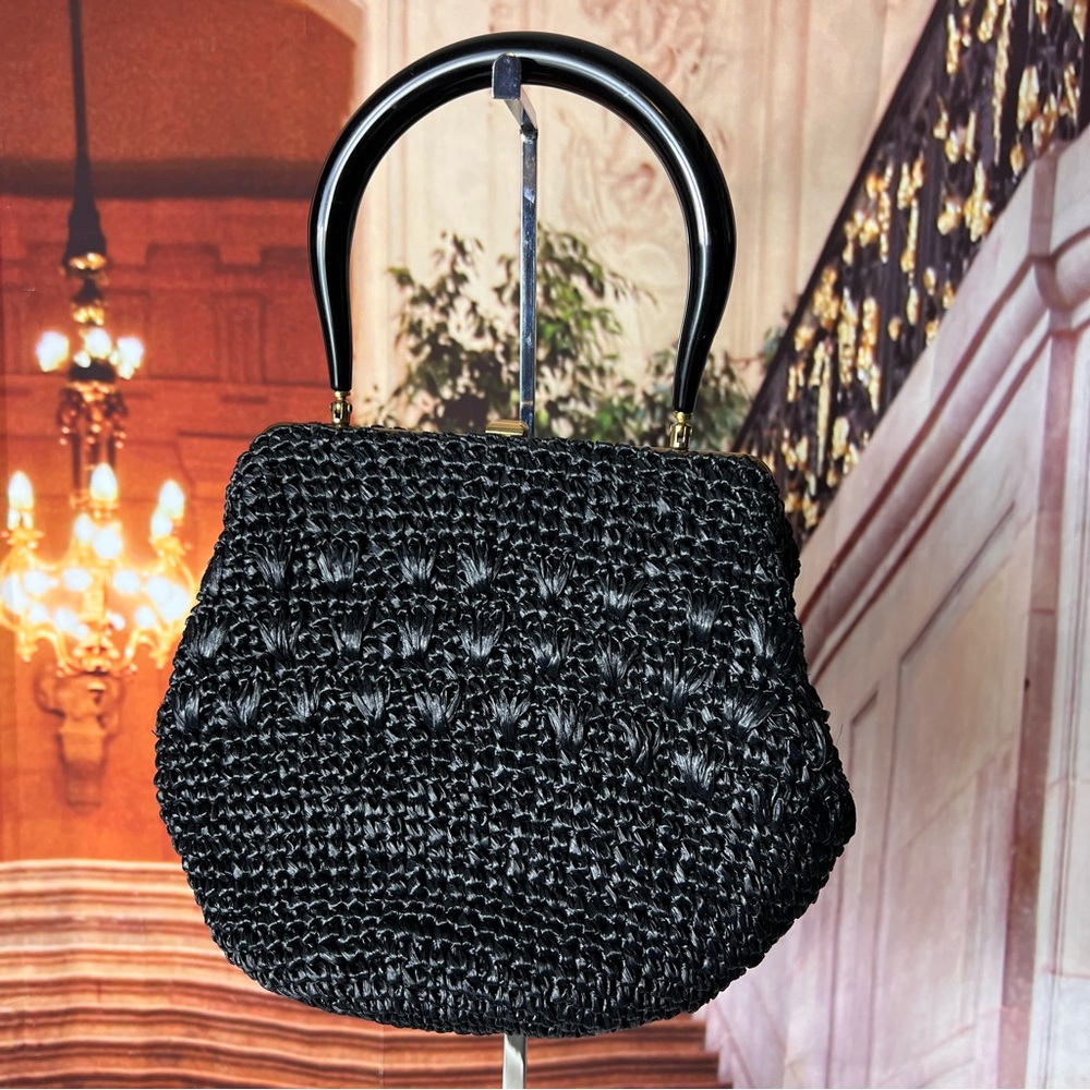 Vintage 1960s Morris Moskowitz Black Raffia Woven Handbag with Lucite Handles